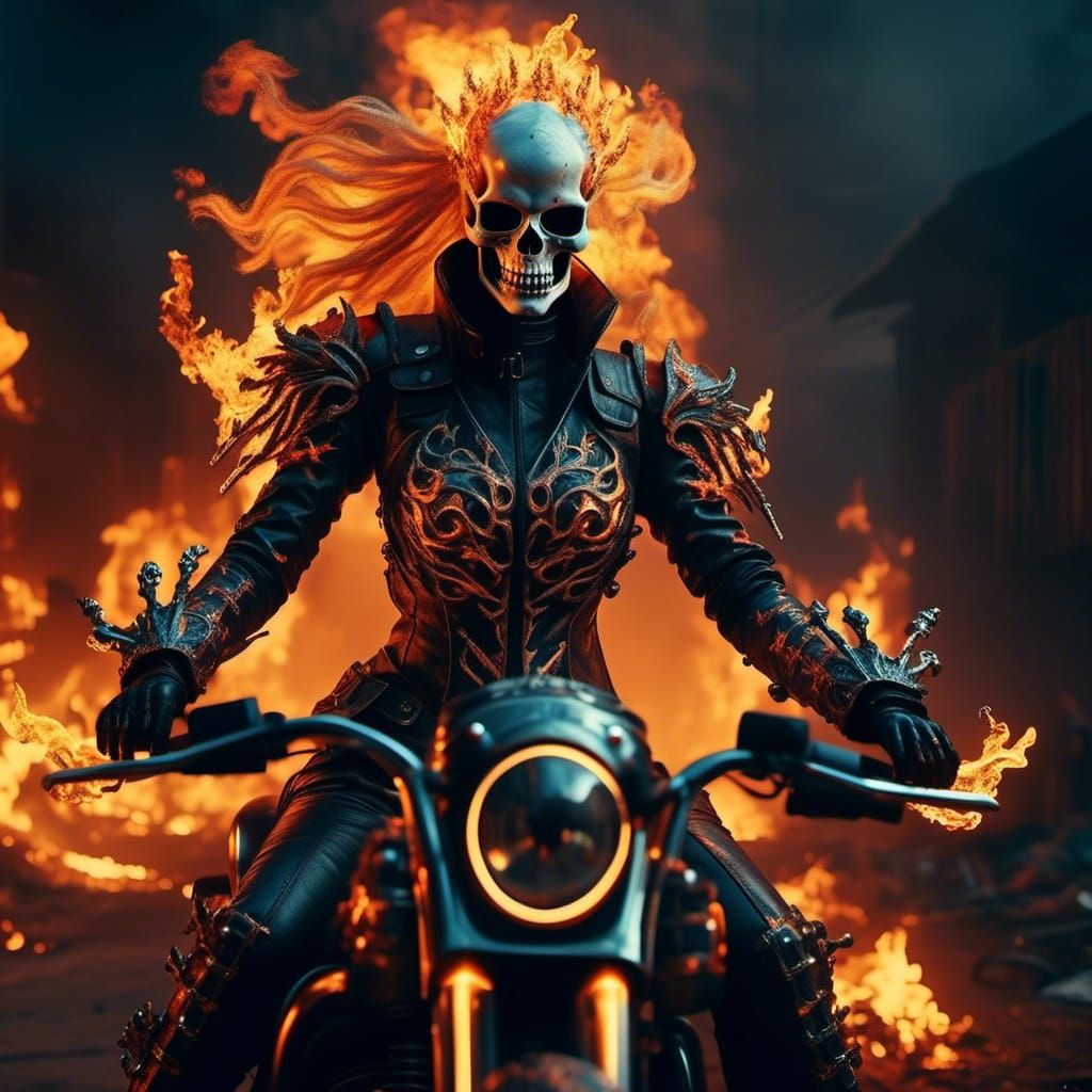 Female Ghost Rider in Hellish Flames, Hyperrealistic Art