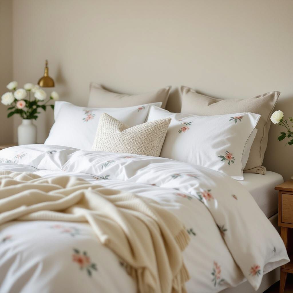Cozy Bed with Floral Pattern Throw Pillows