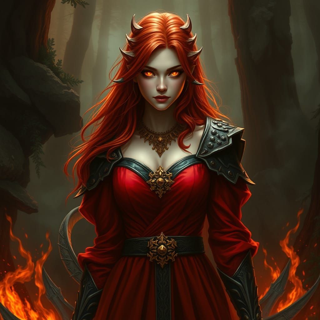Red-Haired Woman in Fiery Forest: Digital Art