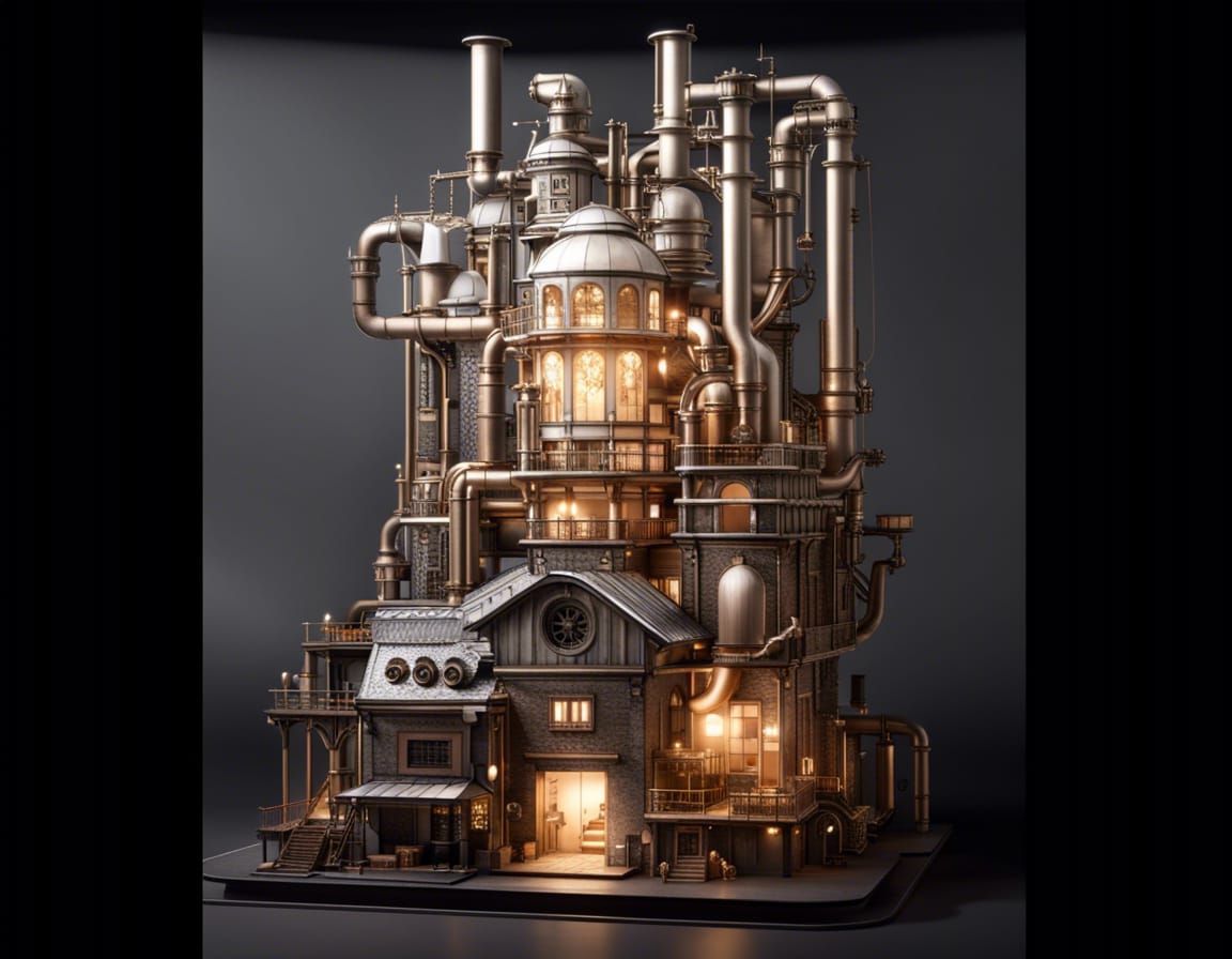 Steampunk Factory Model at Night
