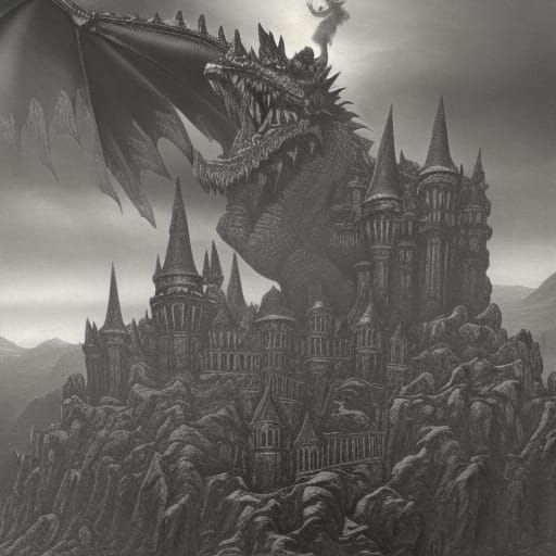 Knight on Dragon Flying Over Black Castle