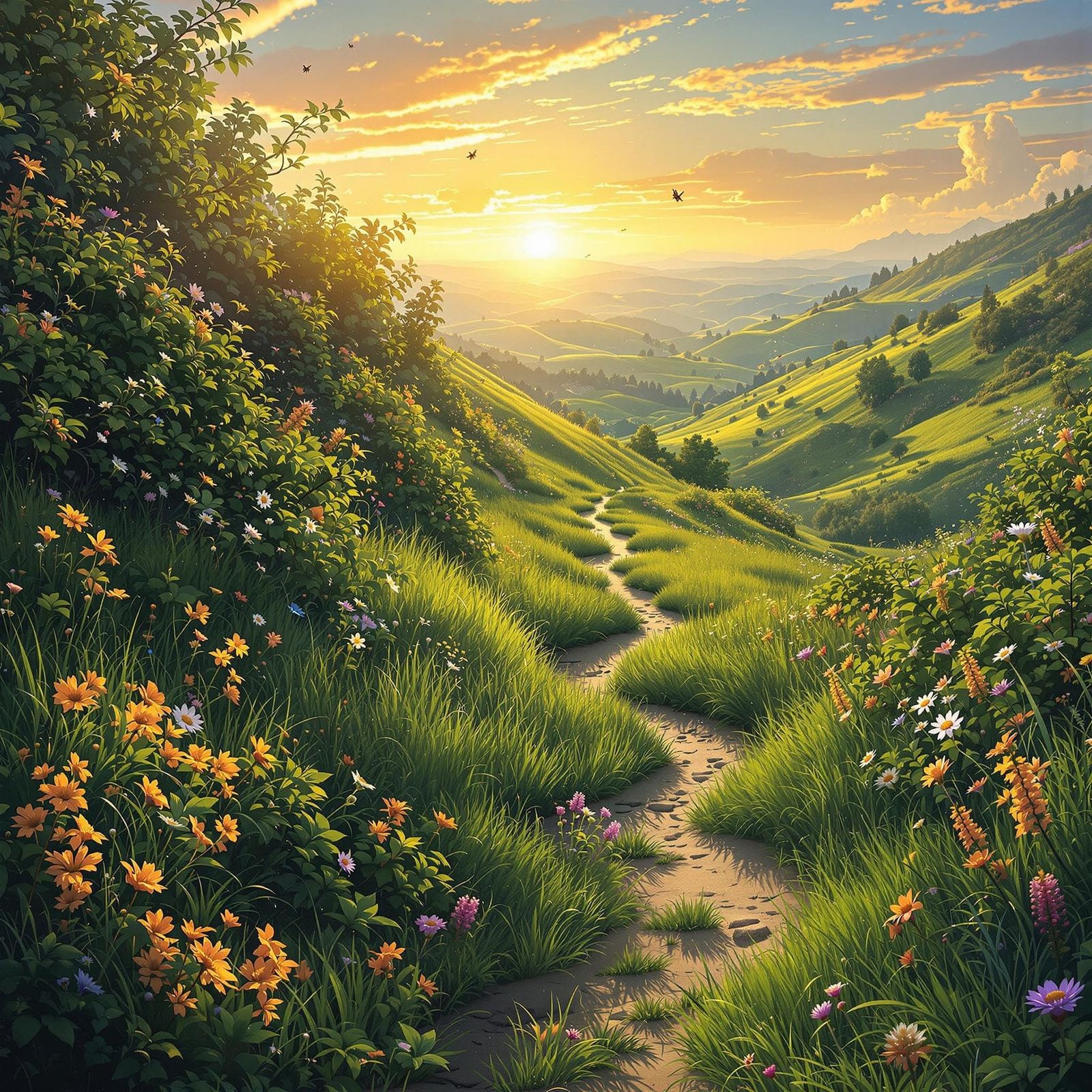 Vibrant Morning Hillside with Whimsical Script