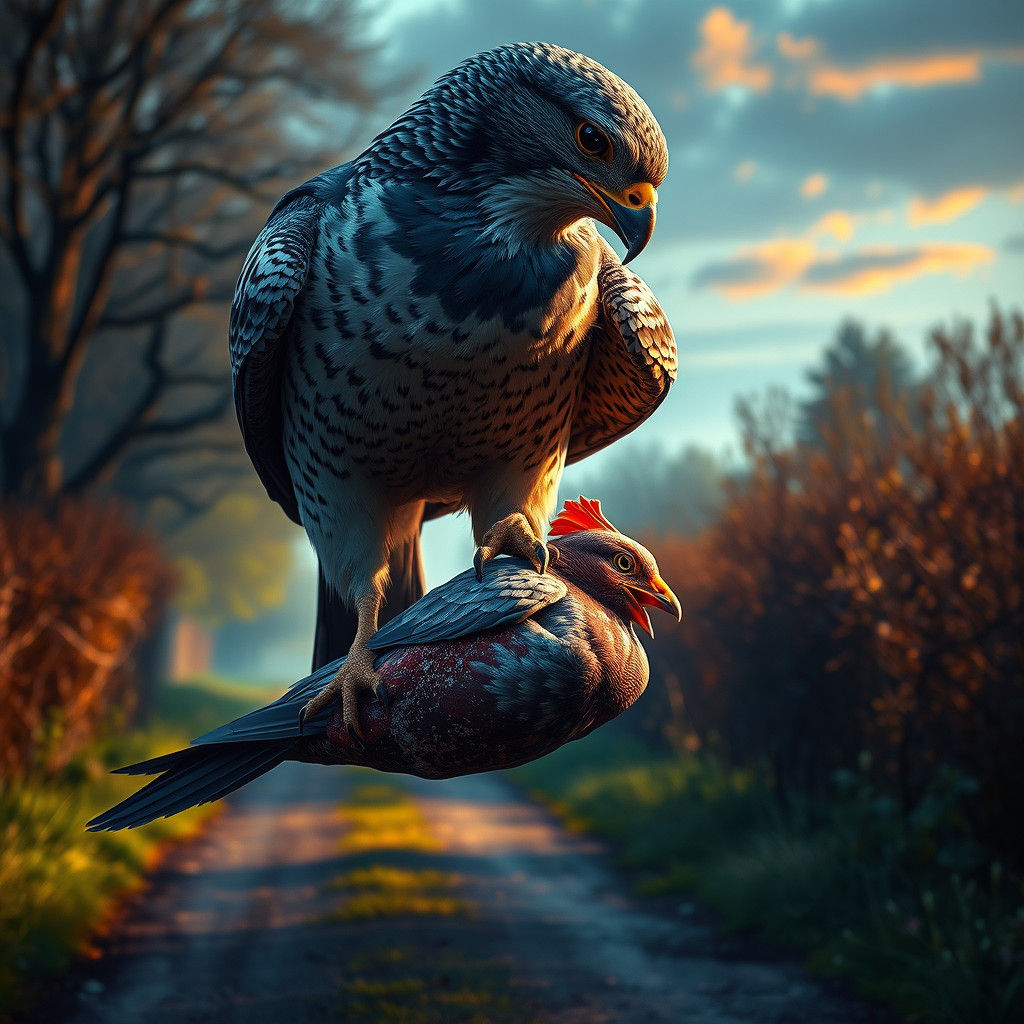 Sparrowhawk Devouring Pigeon: Hyperdetailed Country Scene