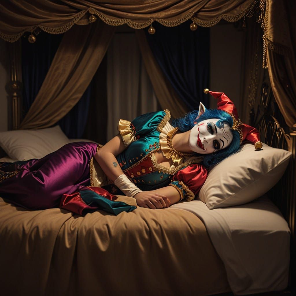 Tired Jester Rests in Bed