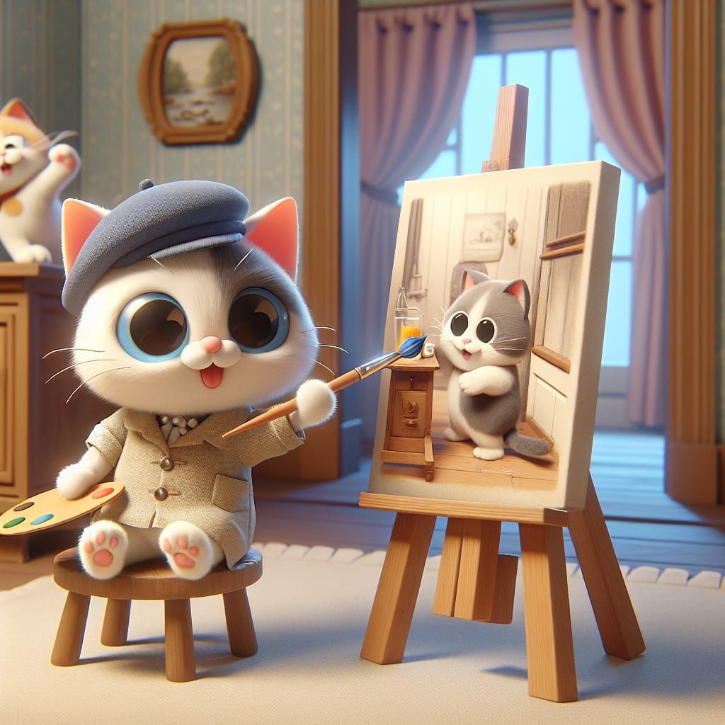 Disney Pixar style 3D adorable cat, painting a picture of an...
