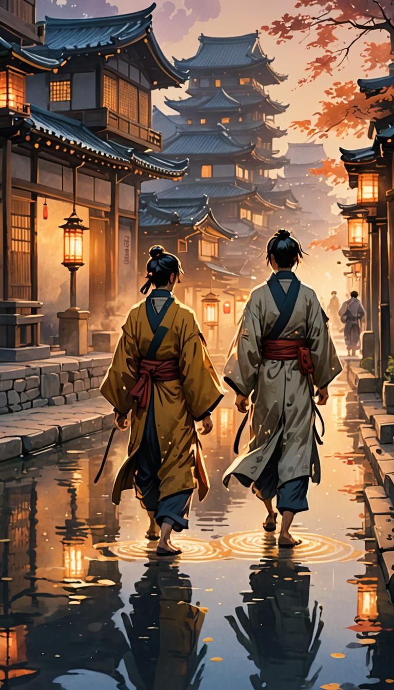 Edo Style Ronin Walk to Building at Golden Hour