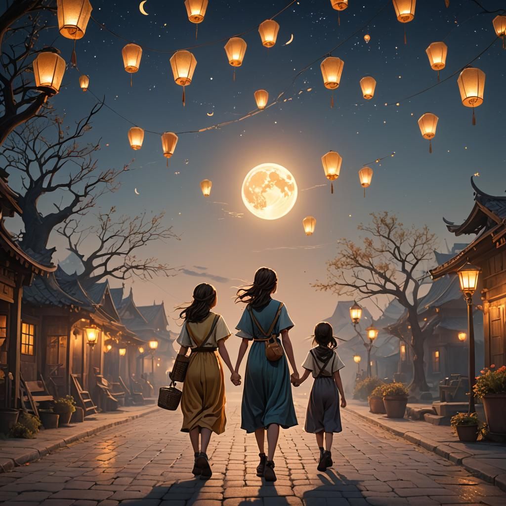 Girls with Lanterns at Night, Fantasy Concept Art
