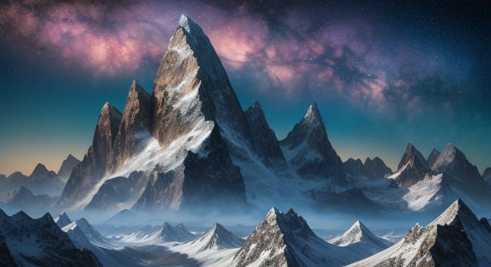 Majestic Mountain Range Under Starlit Nebula Sky