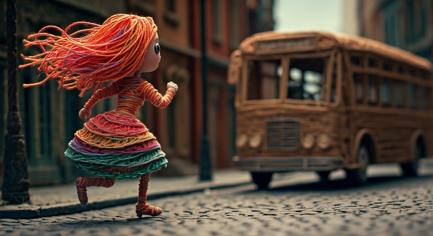String Woman Chasing Bus in Stop-Motion Animation