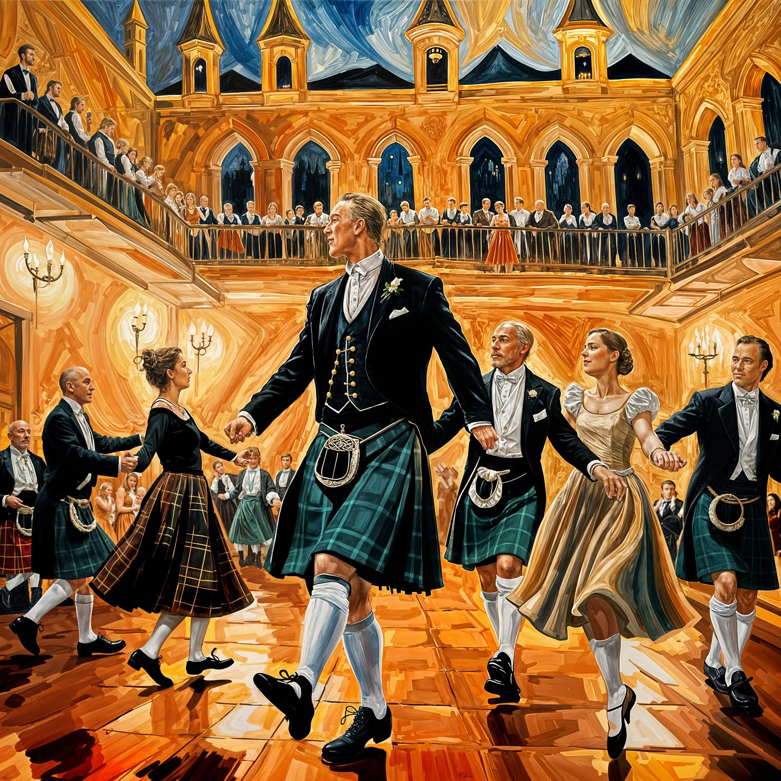 Scottish Ceilidh Dancers in Castle Ballroom as Oil Painting
