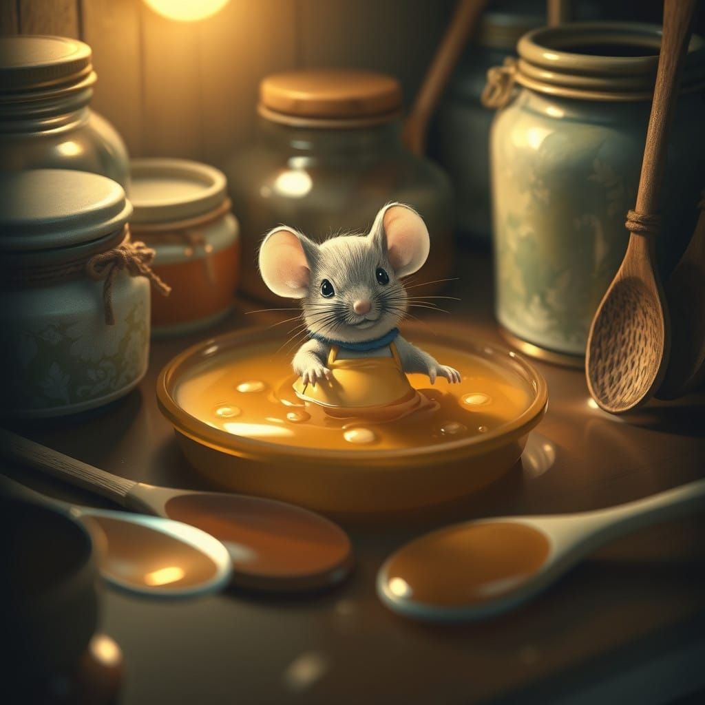 Tiny Mouse in Honey-filled Cupboard