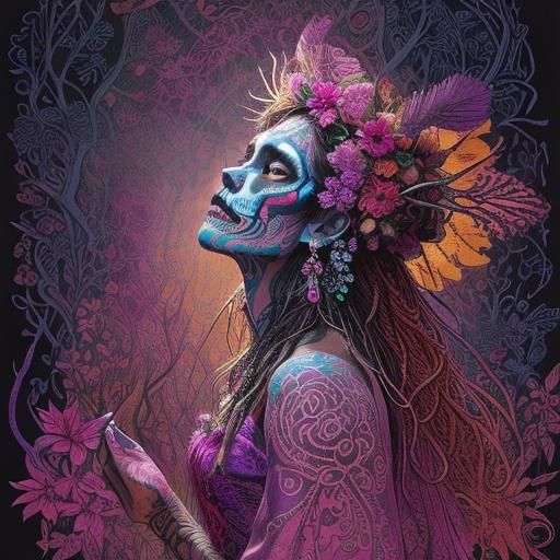 Micronesian Witch in Mystical Dia de los Muertos Forest