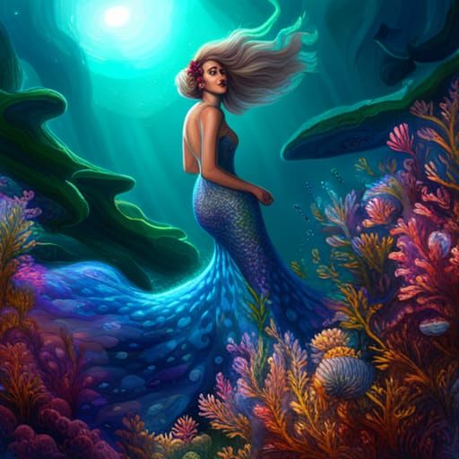 Blue Mermaid in Coral Reef: Fantasy Concept Art