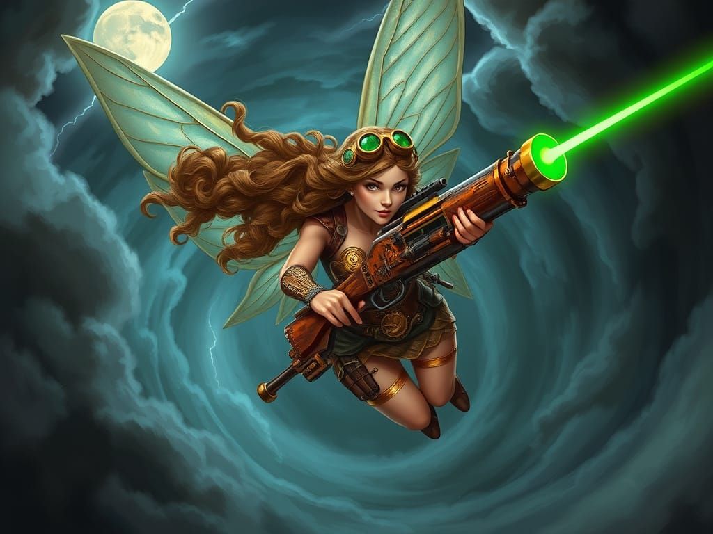 Steampunk Warrior Fairy Soars Through a Whirling Vortex