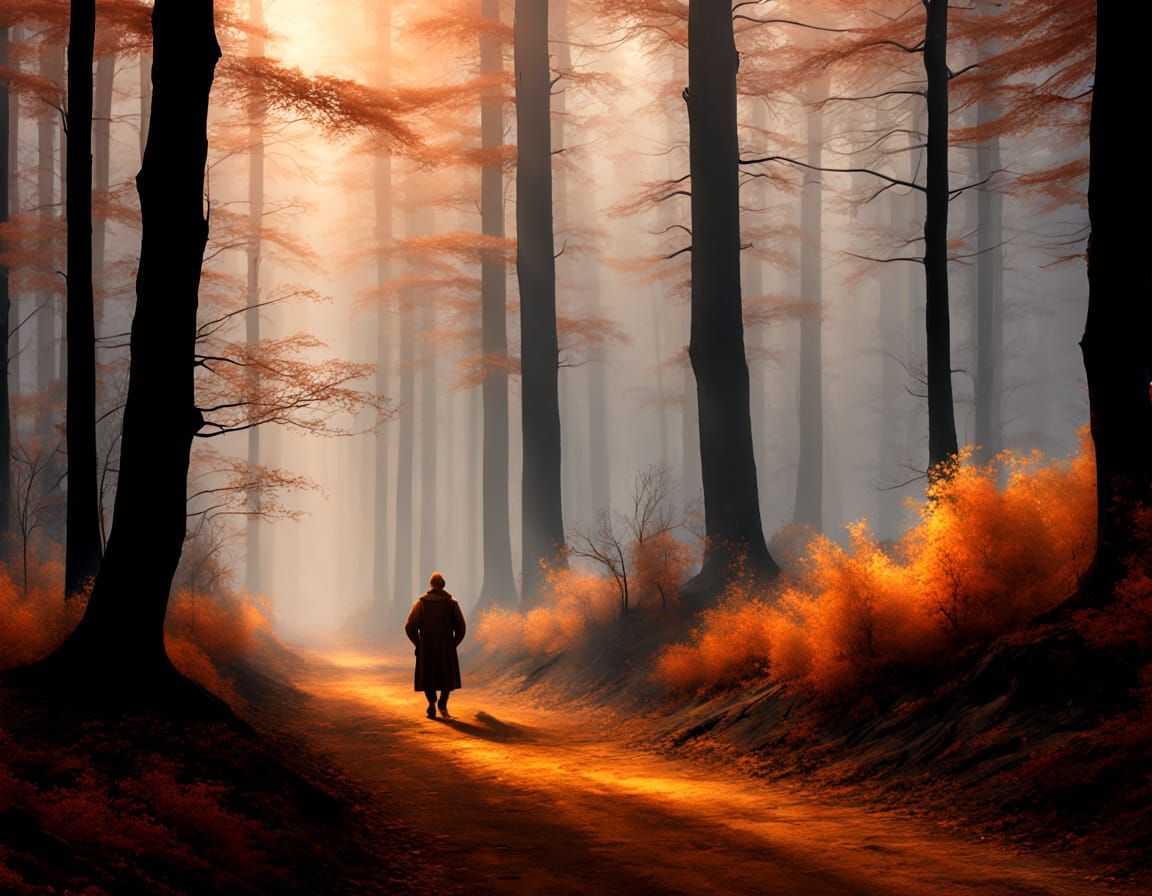 Mysterious Traveler in Ethereal Foggy Forest