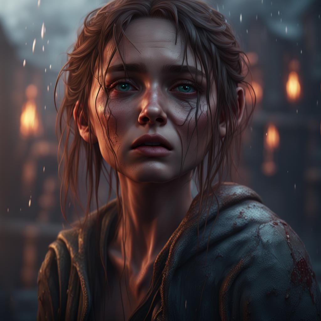 Crying Girl: Detailed Matte Painting in Deep Color
