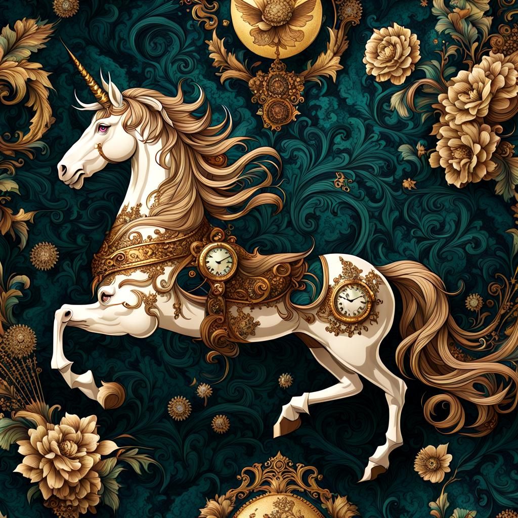 Unicorn in Baroque Steampunk Retrofuturist Utopia