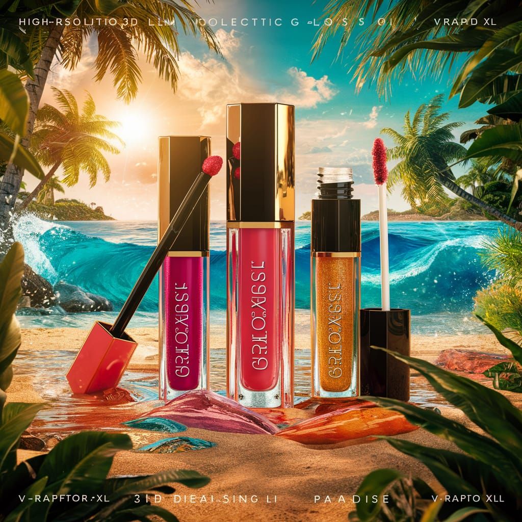 Glossy Lip Gloss on Tropical Beach in 3D