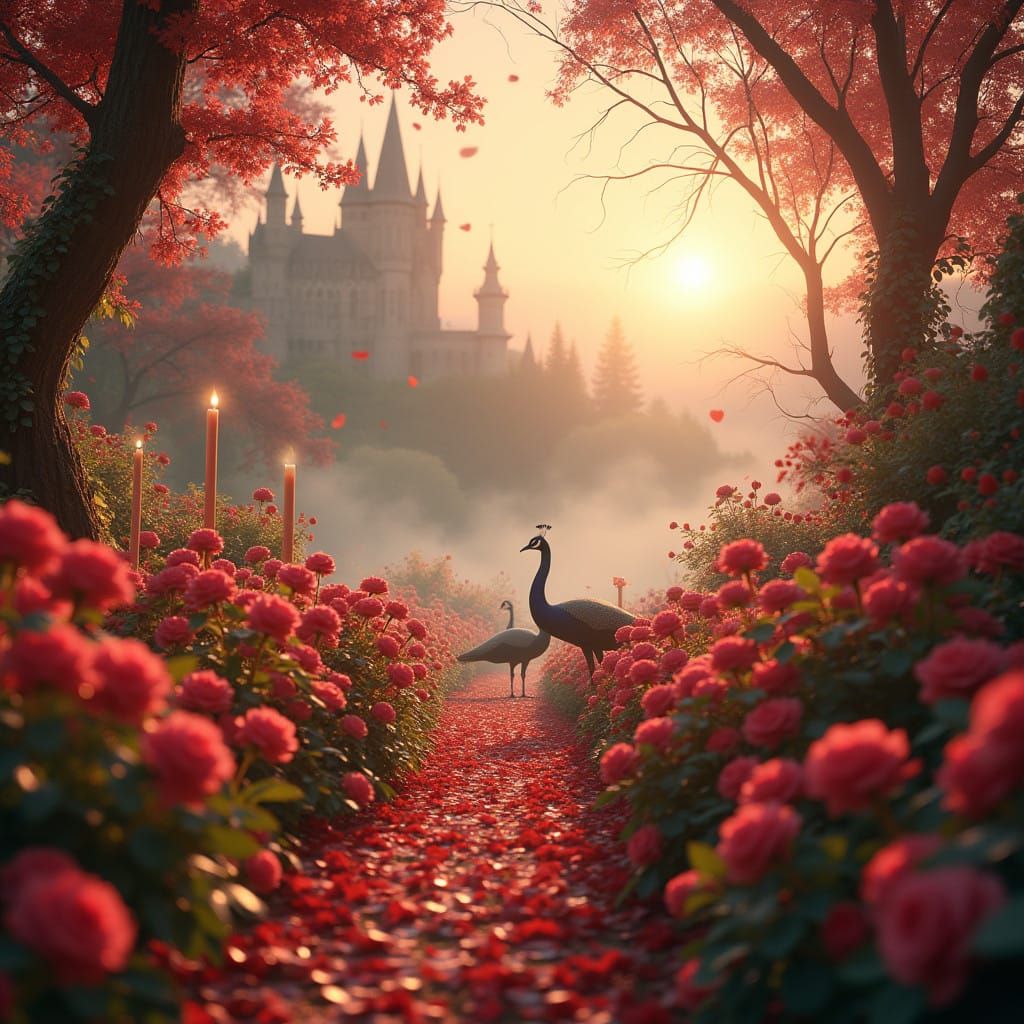 Whimsical Valentine's Day Castle Landscape in Vibrant Colors