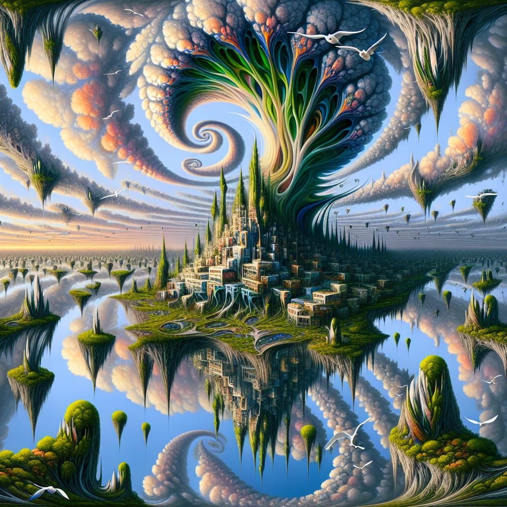 Surreal Landscape with Floating Islets in Oil Paint Style