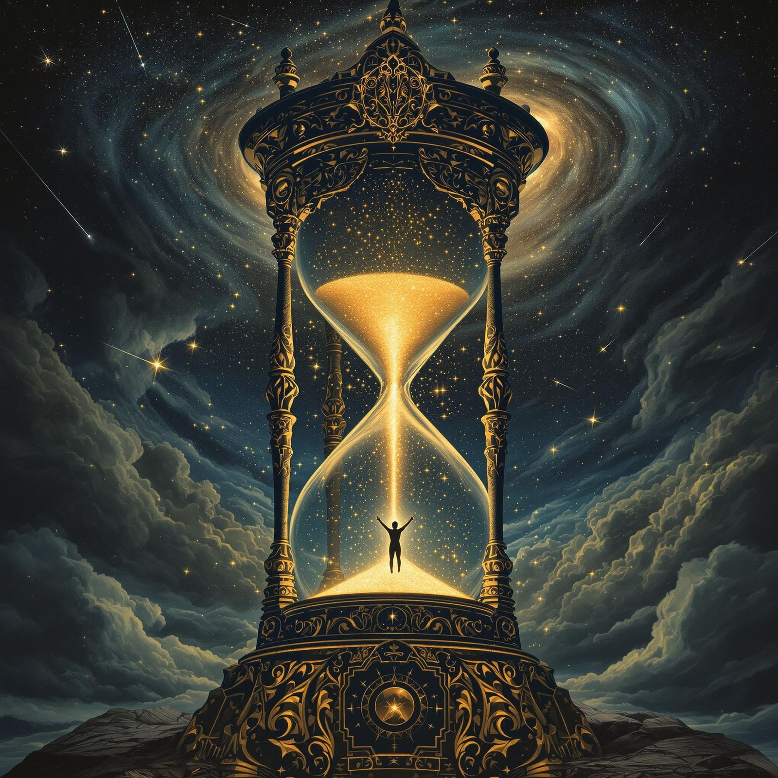 A highly detailed, cinematic digital painting of a massive hourglass floating in a cosmic, dreamlike void. The hourglass...