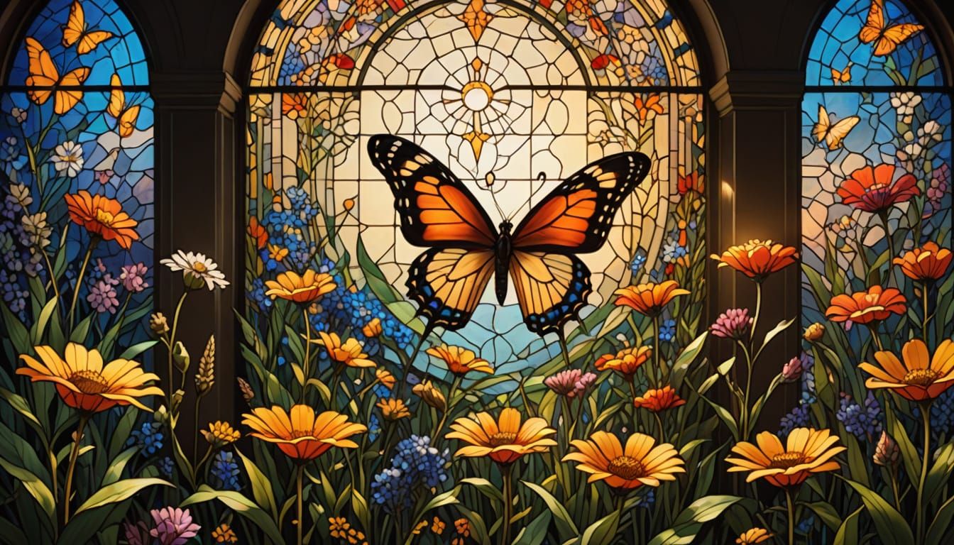 Stained Glass Butterfly in Wildflower Field