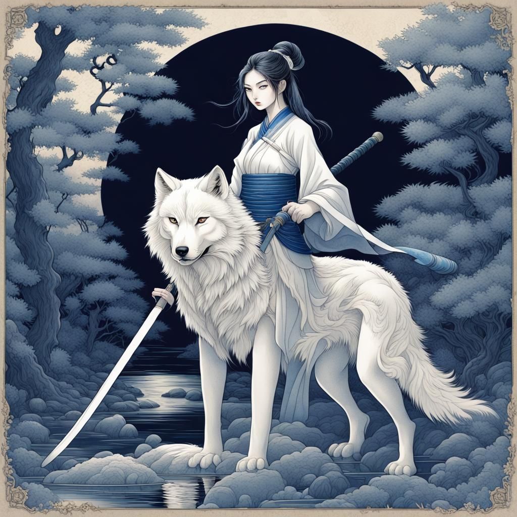 chinese girl with Katana and her wolf
