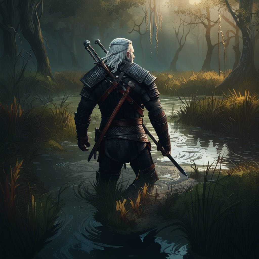 The Witcher Walks a Swamp: Dark Fantasy Art