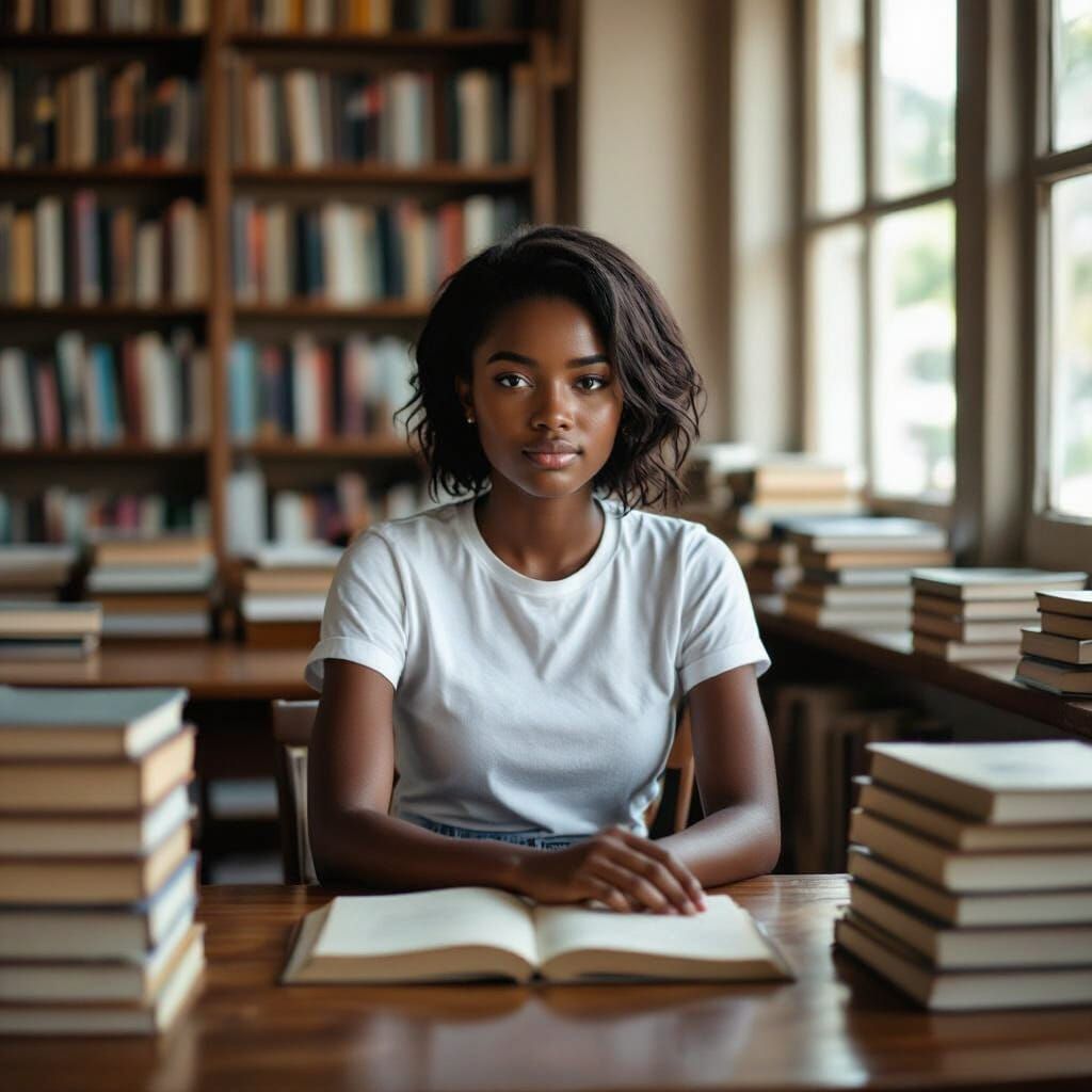 African Girl in Library: Realistic Photo Style