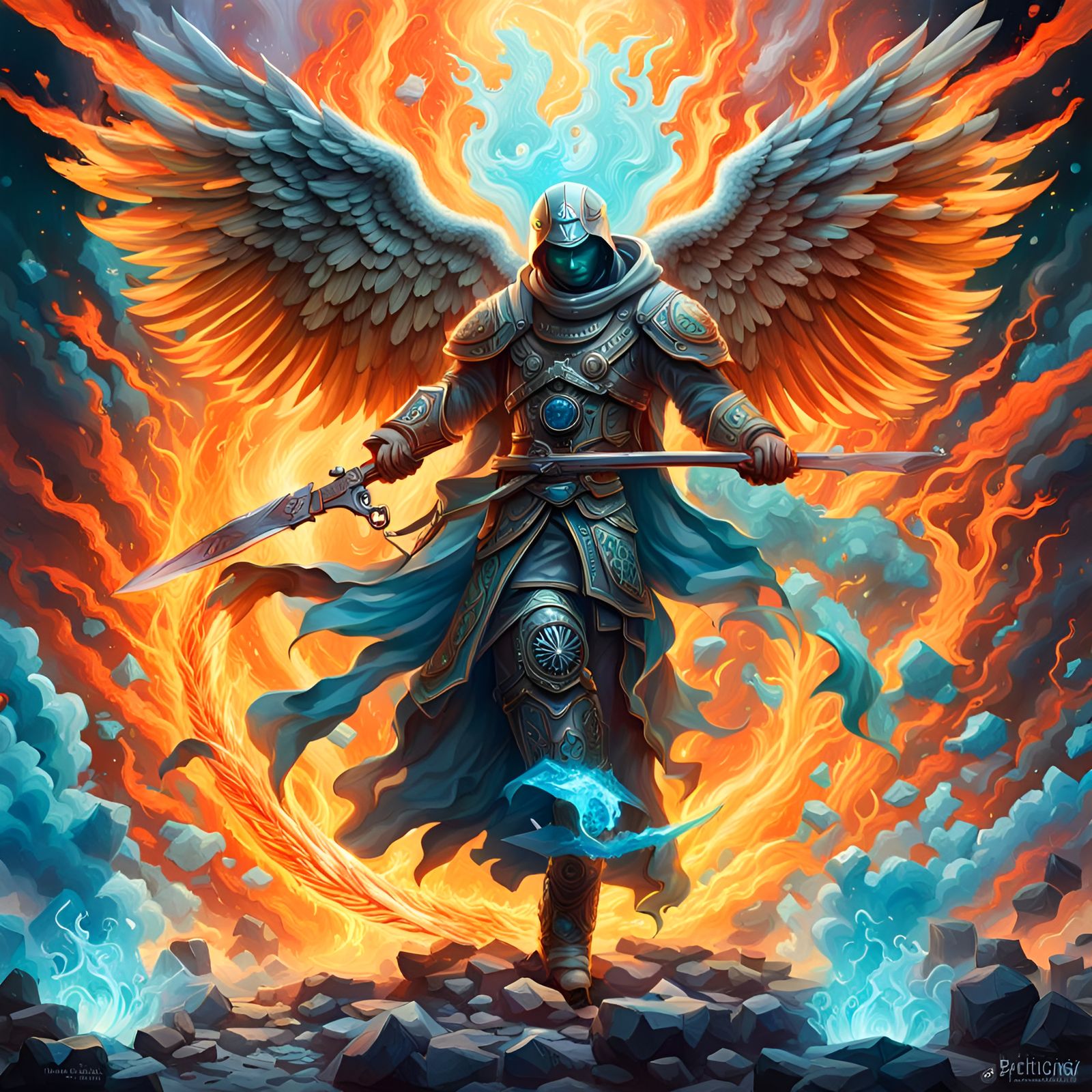 Fiery Angel Battle in Graffiti Art Style