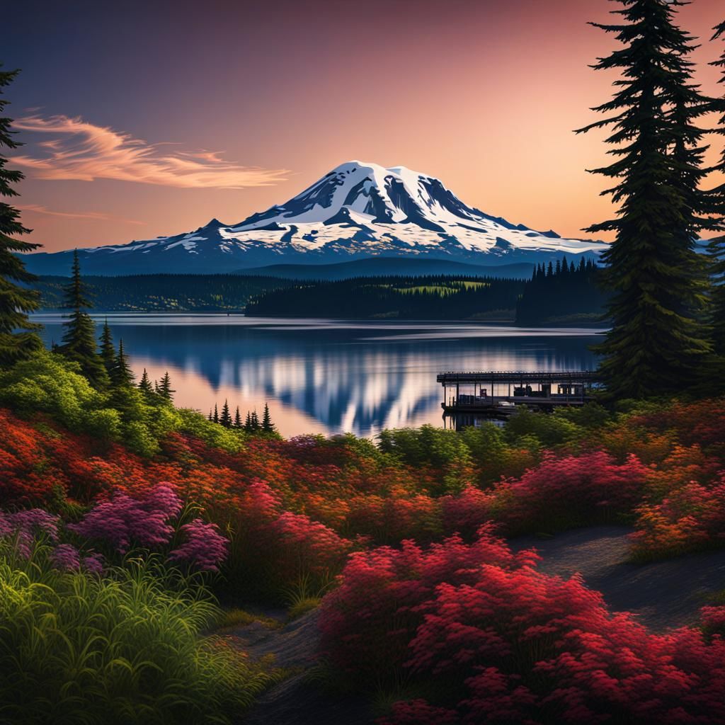 Mount Rainier View from Tacoma: Realistic Digital Painting