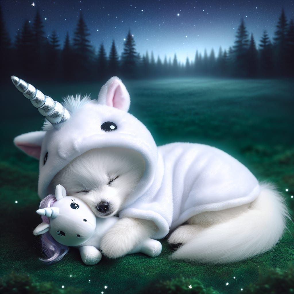 Unicorn kigurumi Wolfie sleeping in a meadow