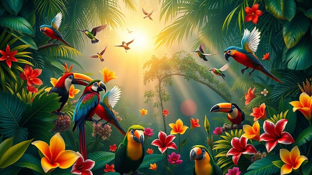 Tropical Rainforest at Dawn with Exotic Birds