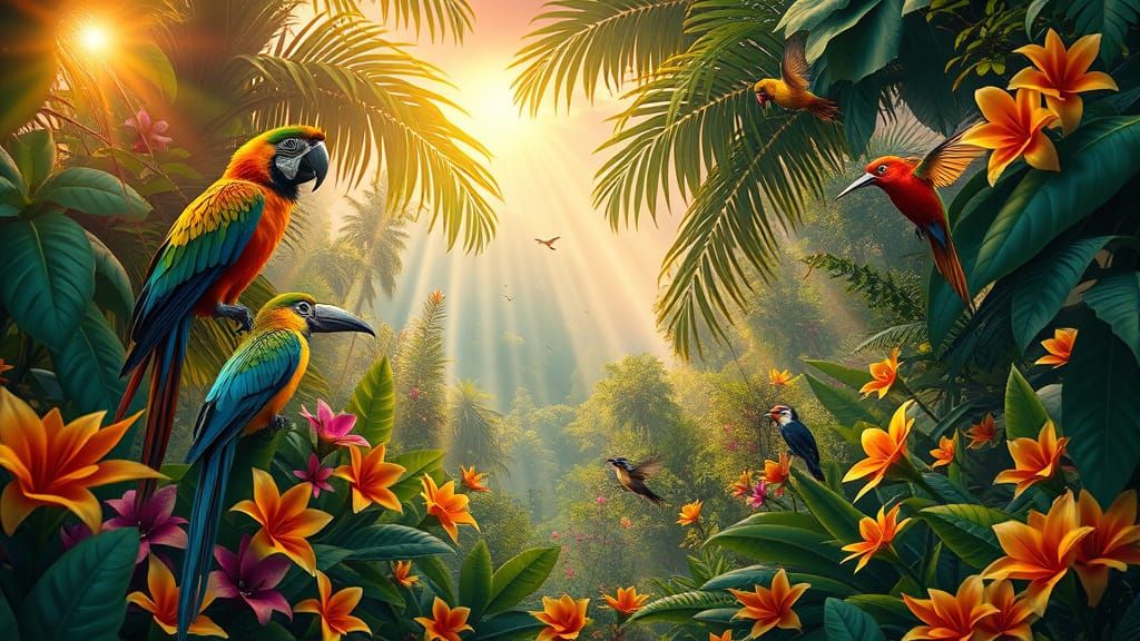 Tropical Rainforest Dawn: A Painterly Hyperrealistic Vision