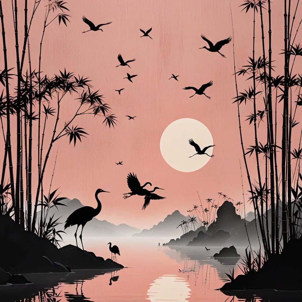 Tranquil Bamboo Crane Silhouette Scene