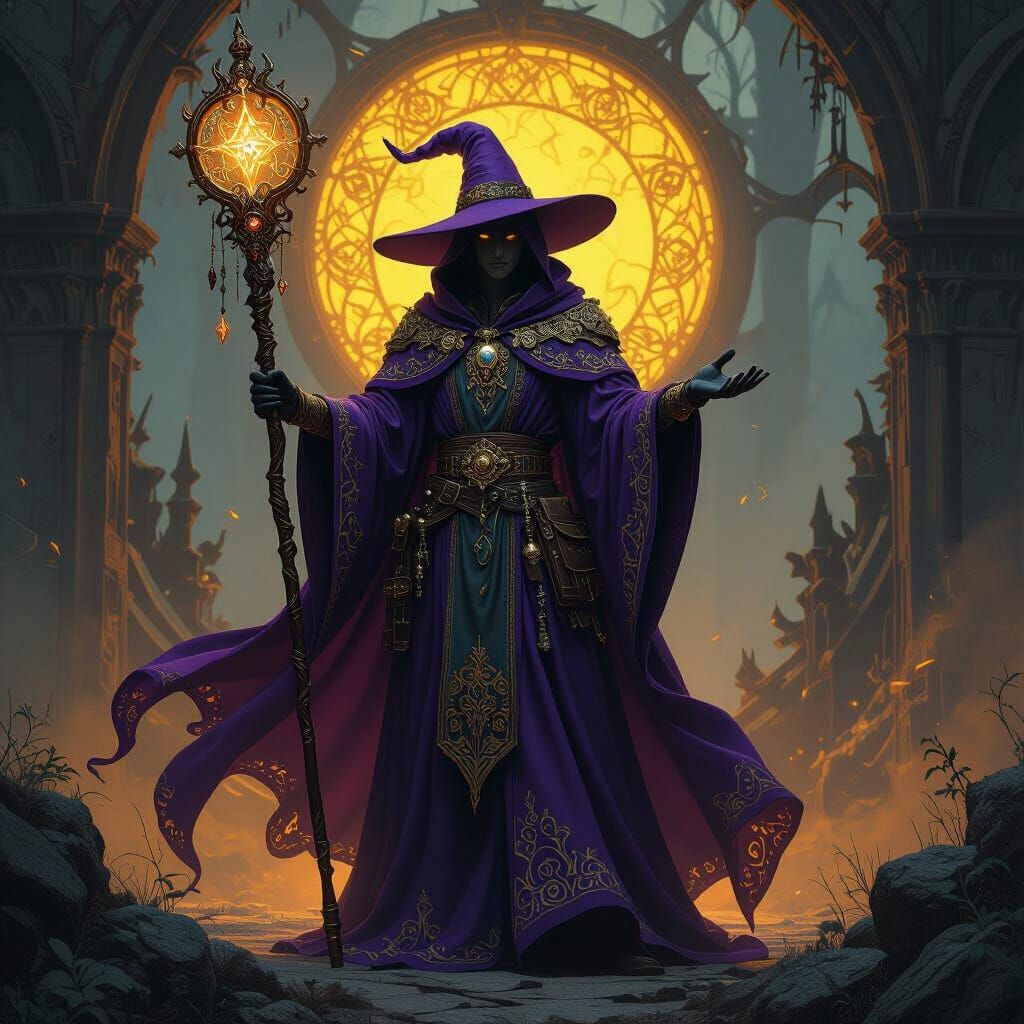 Mage in Dark Fantasy Realm with Ornate Staff