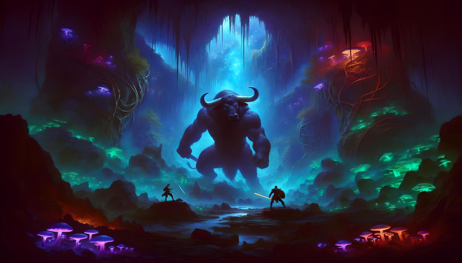 Minotaur Battle in Bioluminescent Underdark: Digital Matte P...