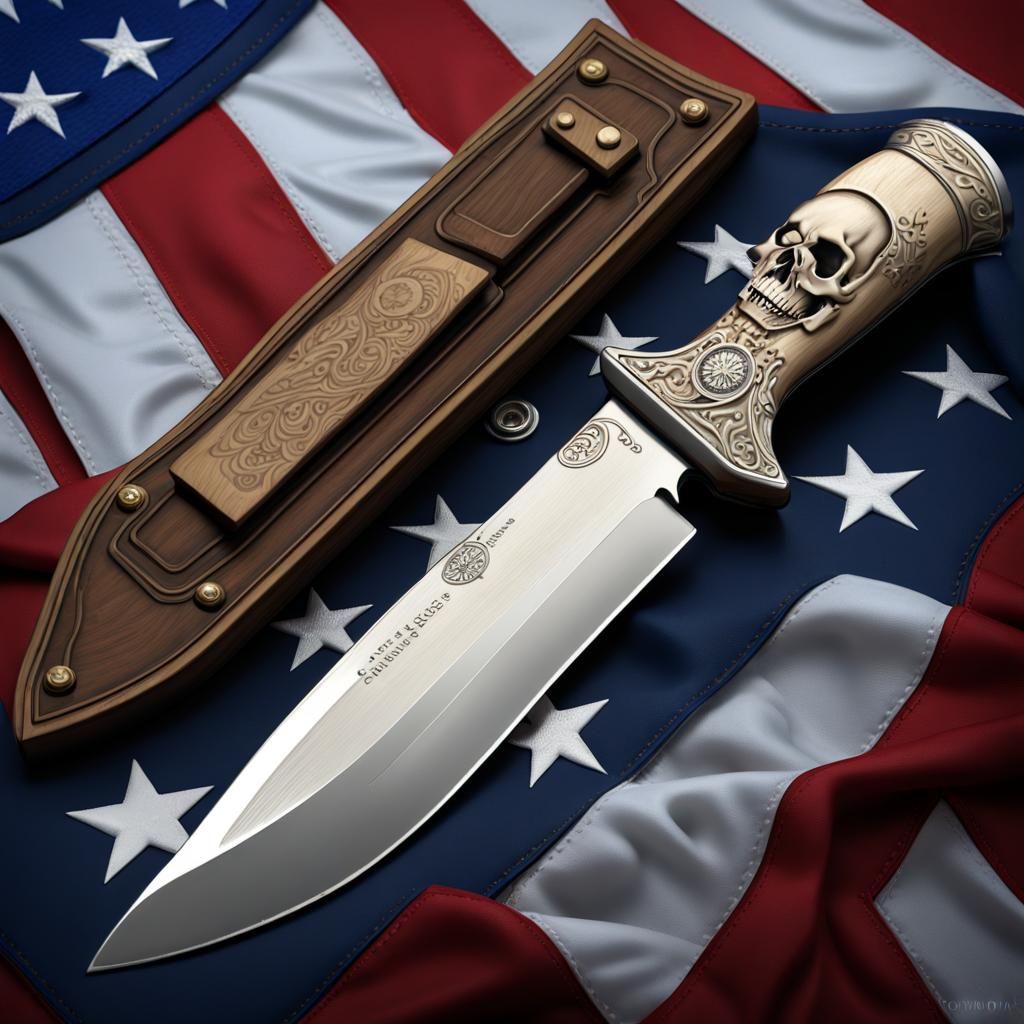 Bone Ka-Bar Knife on American Flag, Etched Design