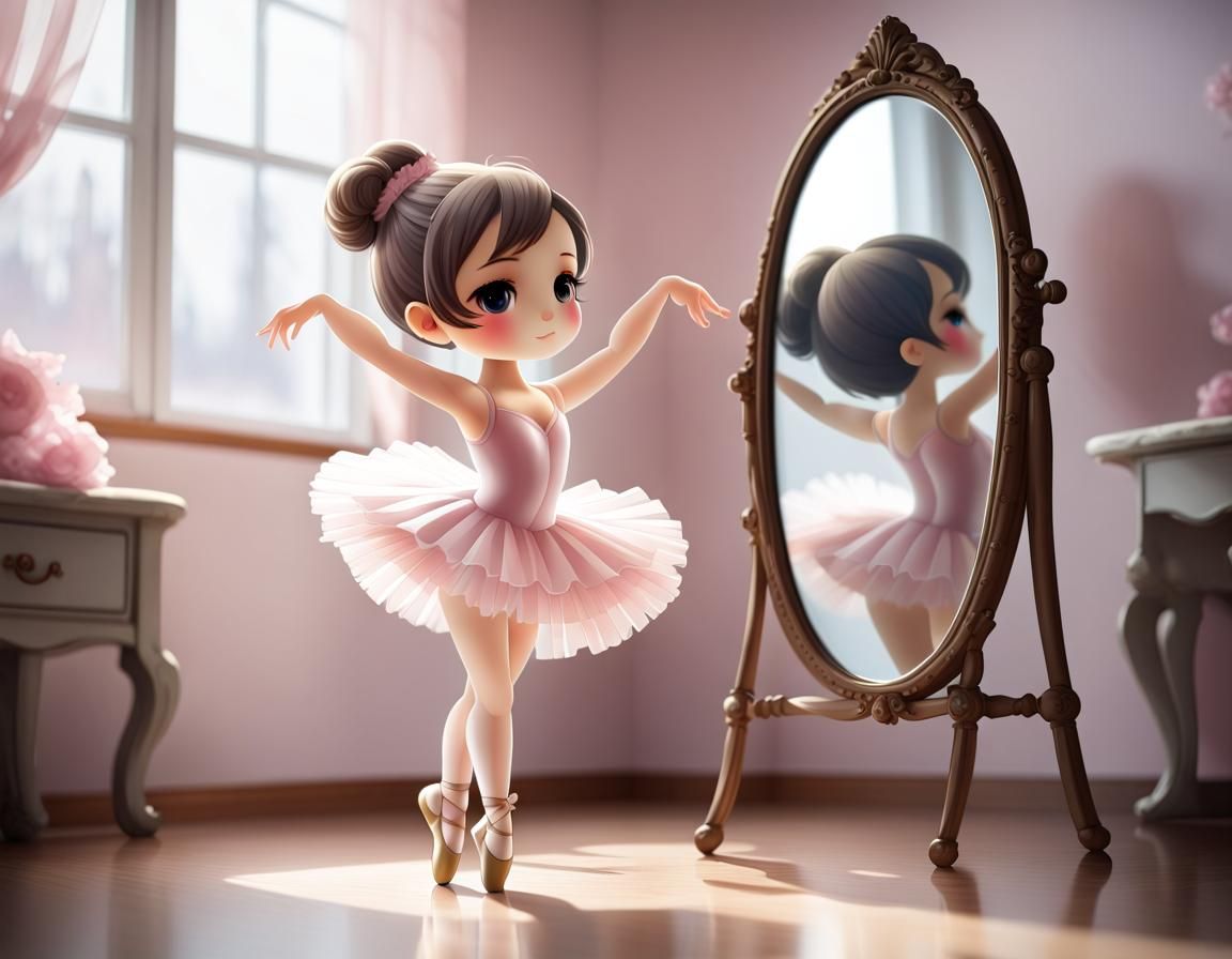 Chibi Ballerina Dancing Before a Mirror