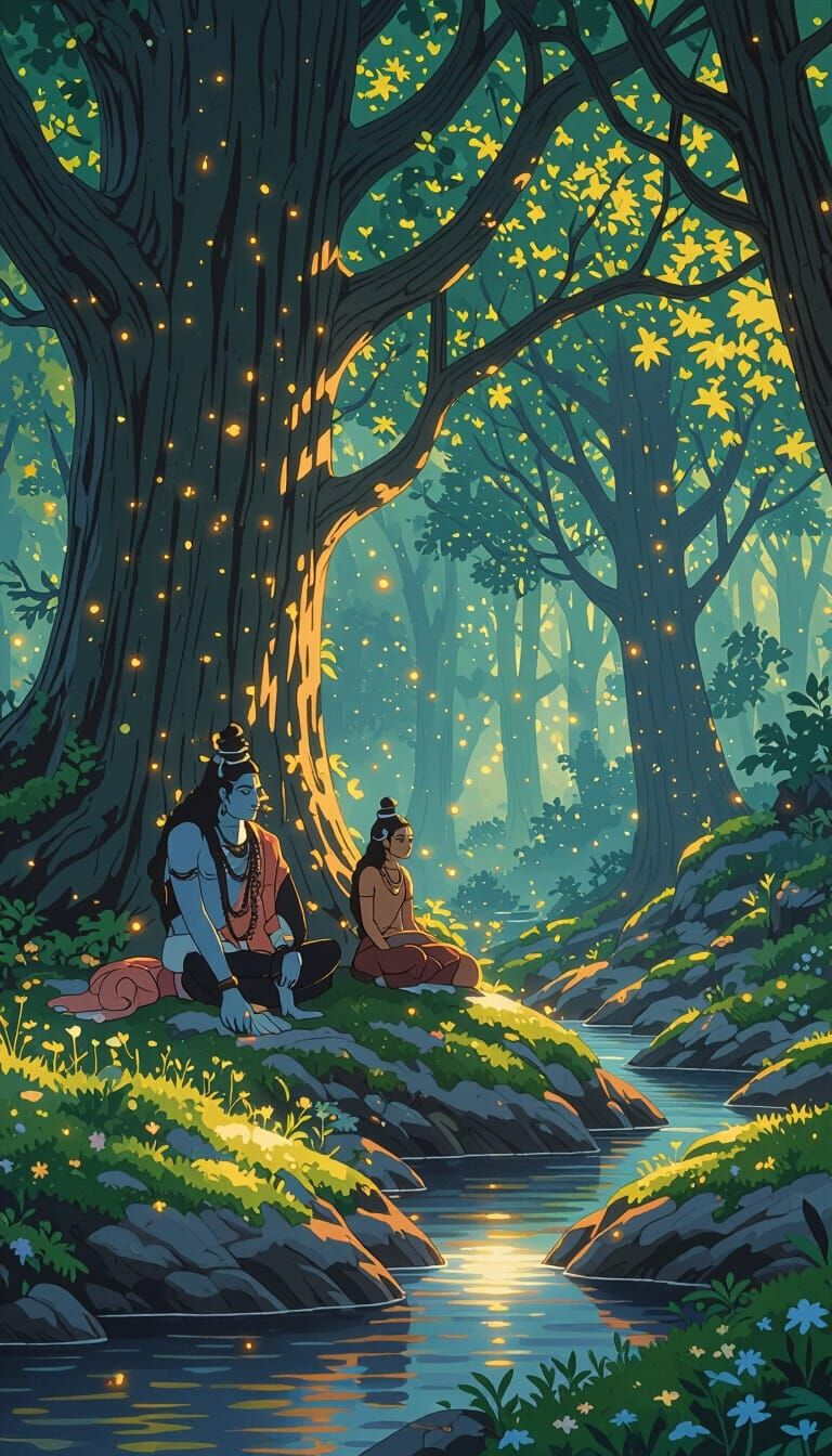 Shiva and Parvati in Enchanted Forest, Anime Style