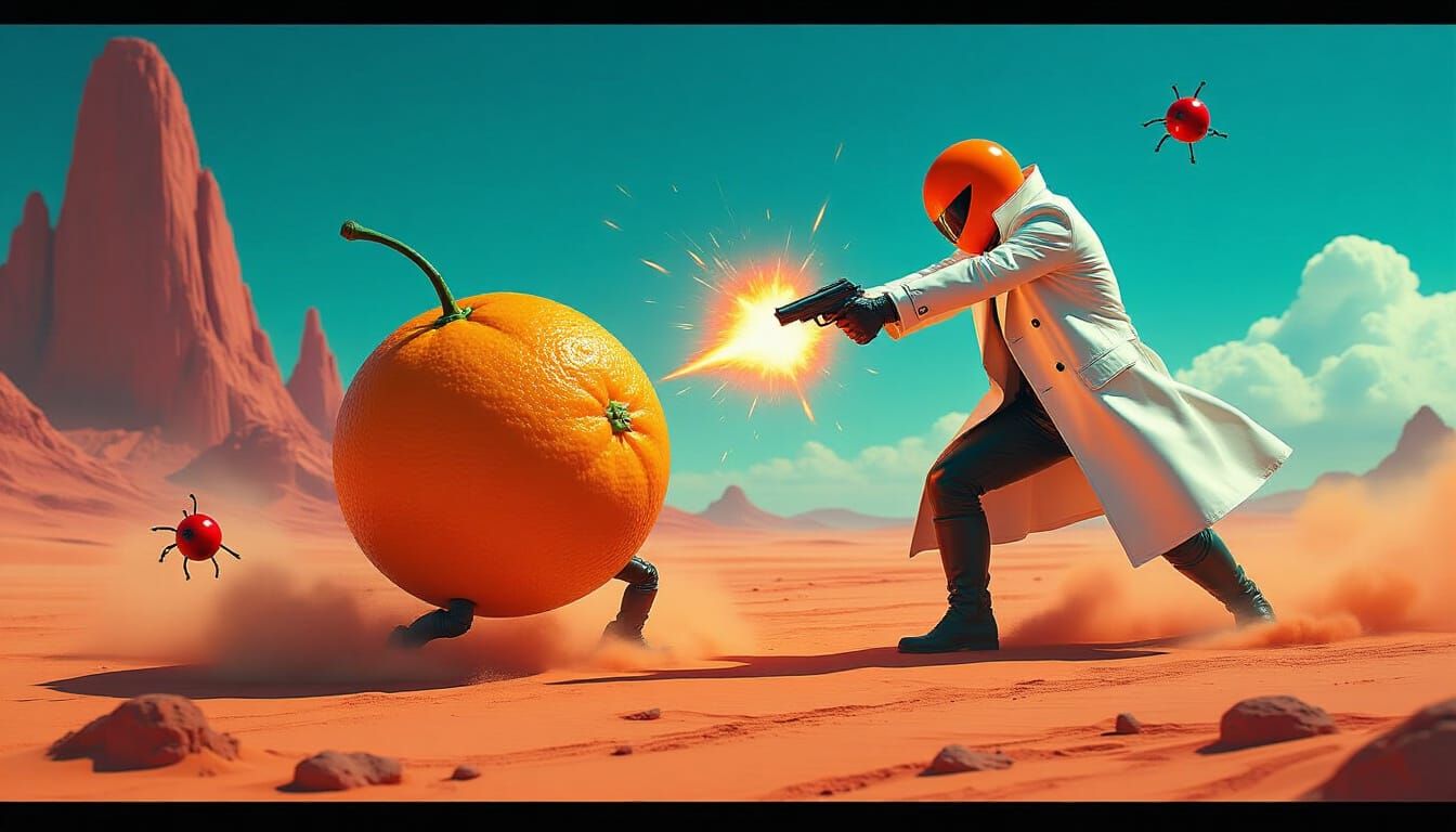 Orange Warrior Battles Bugs in Retro-Futuristic Landscape