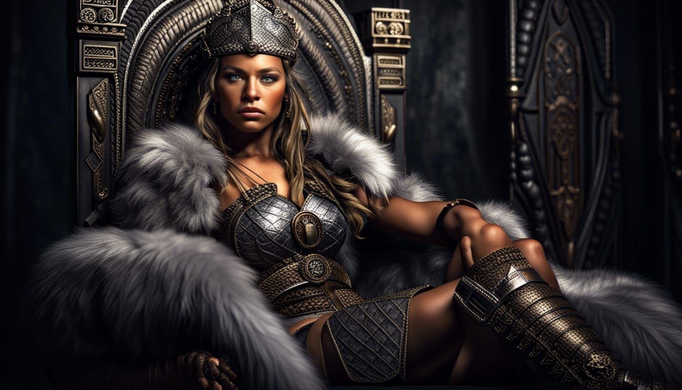 Warrior Woman on Fur Throne in Hyperrealistic Style