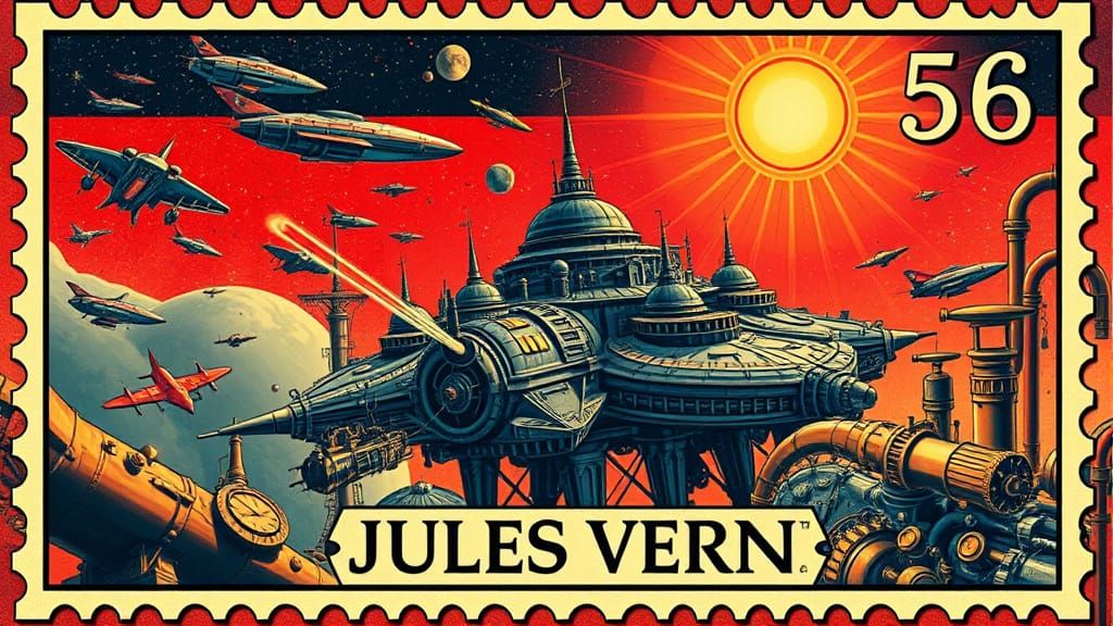 Jules Verne Stamp in Art Nouveau Space Poster