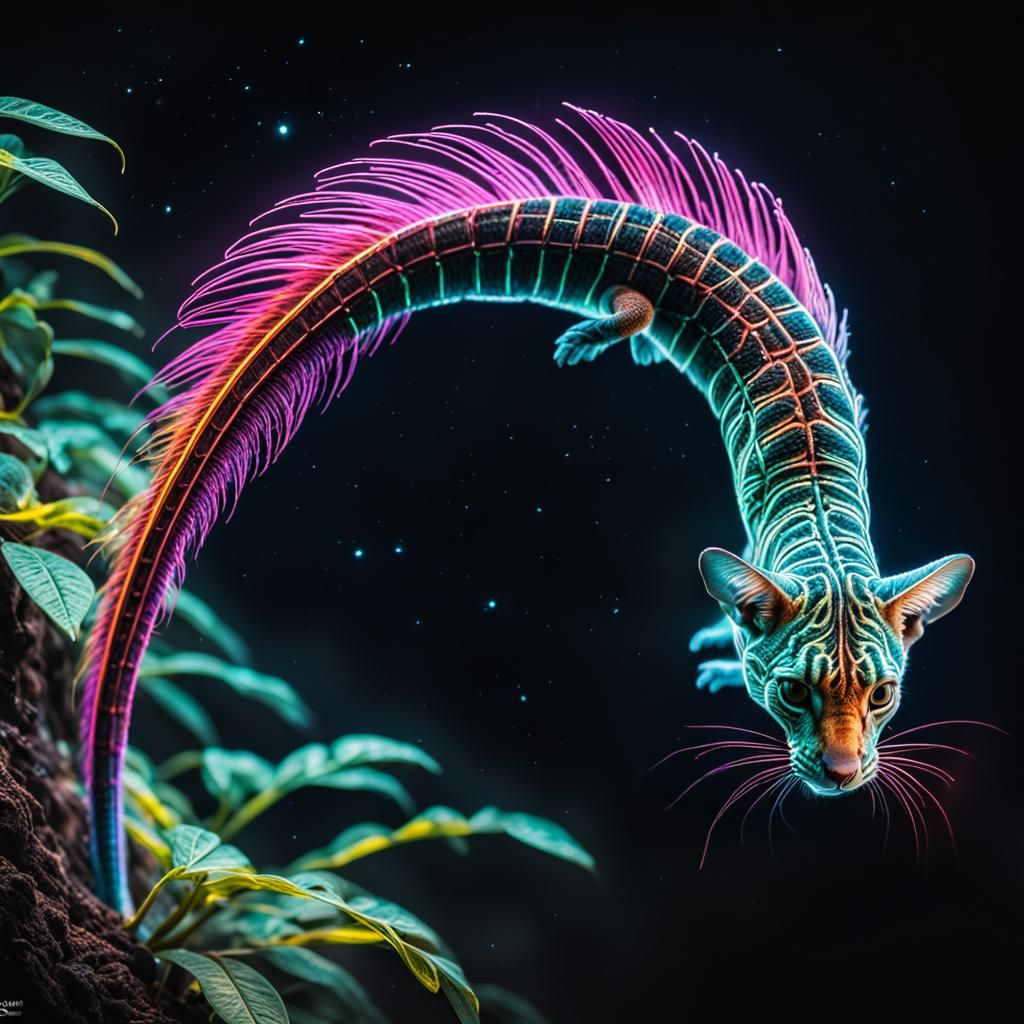 Neon Comet with Long Tail, Hyperrealistic Image