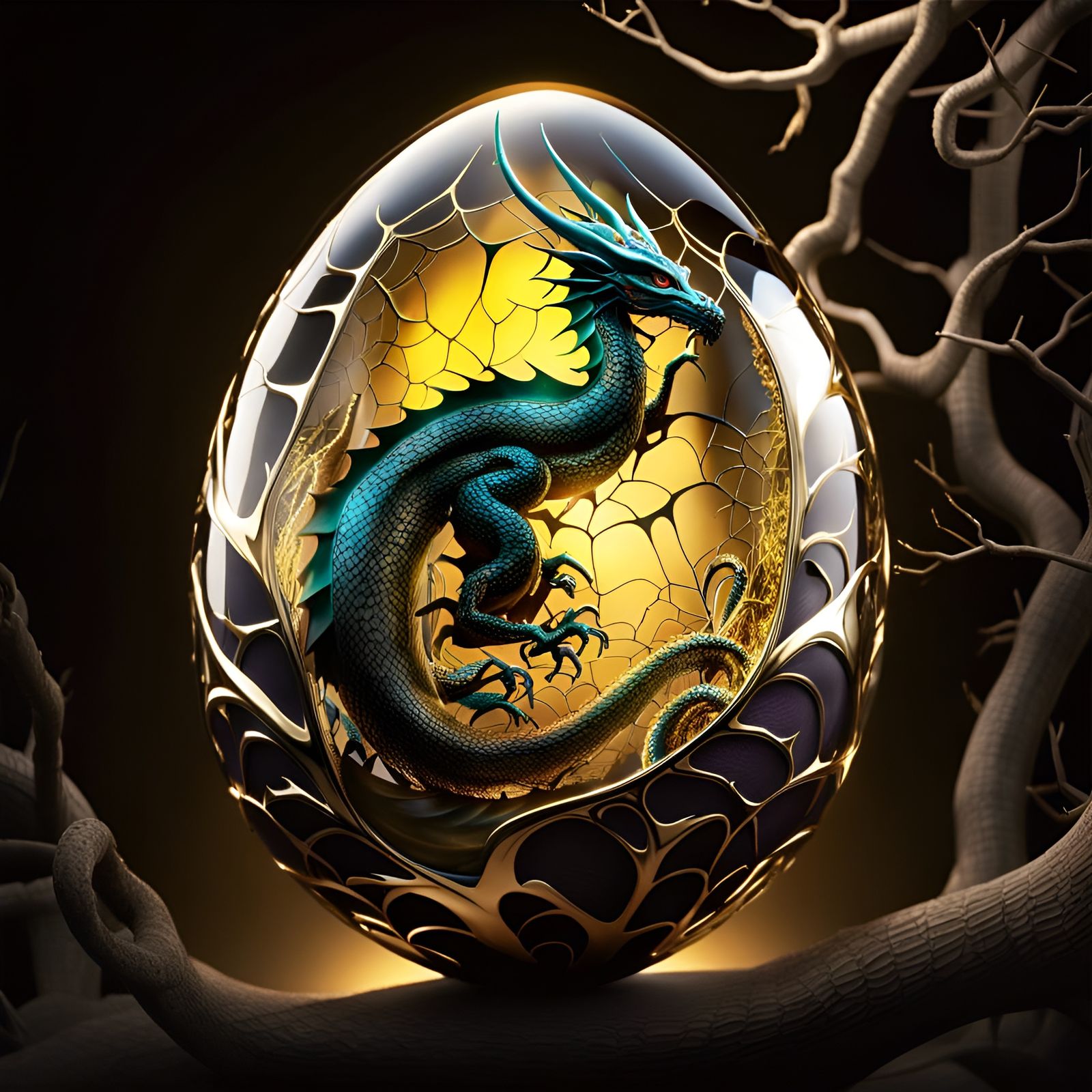 Dragon Inside Glass Egg with Fractal Cracks