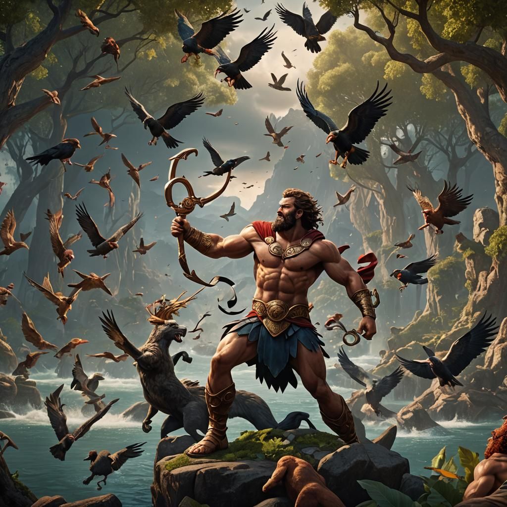 Hercules Slaying Stymphalian Birds: Fantasy Concept Art