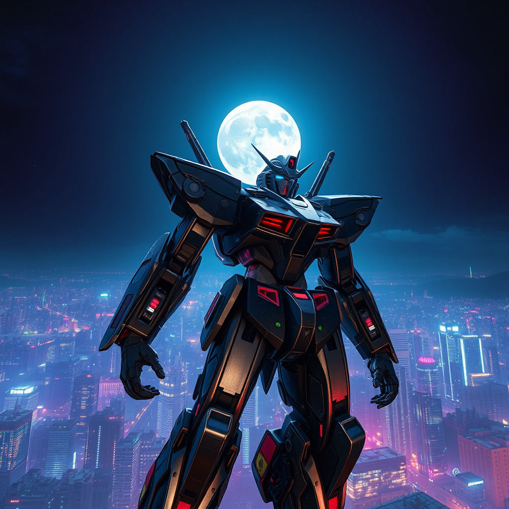 Gundam Robot in Neon City, Digital Art