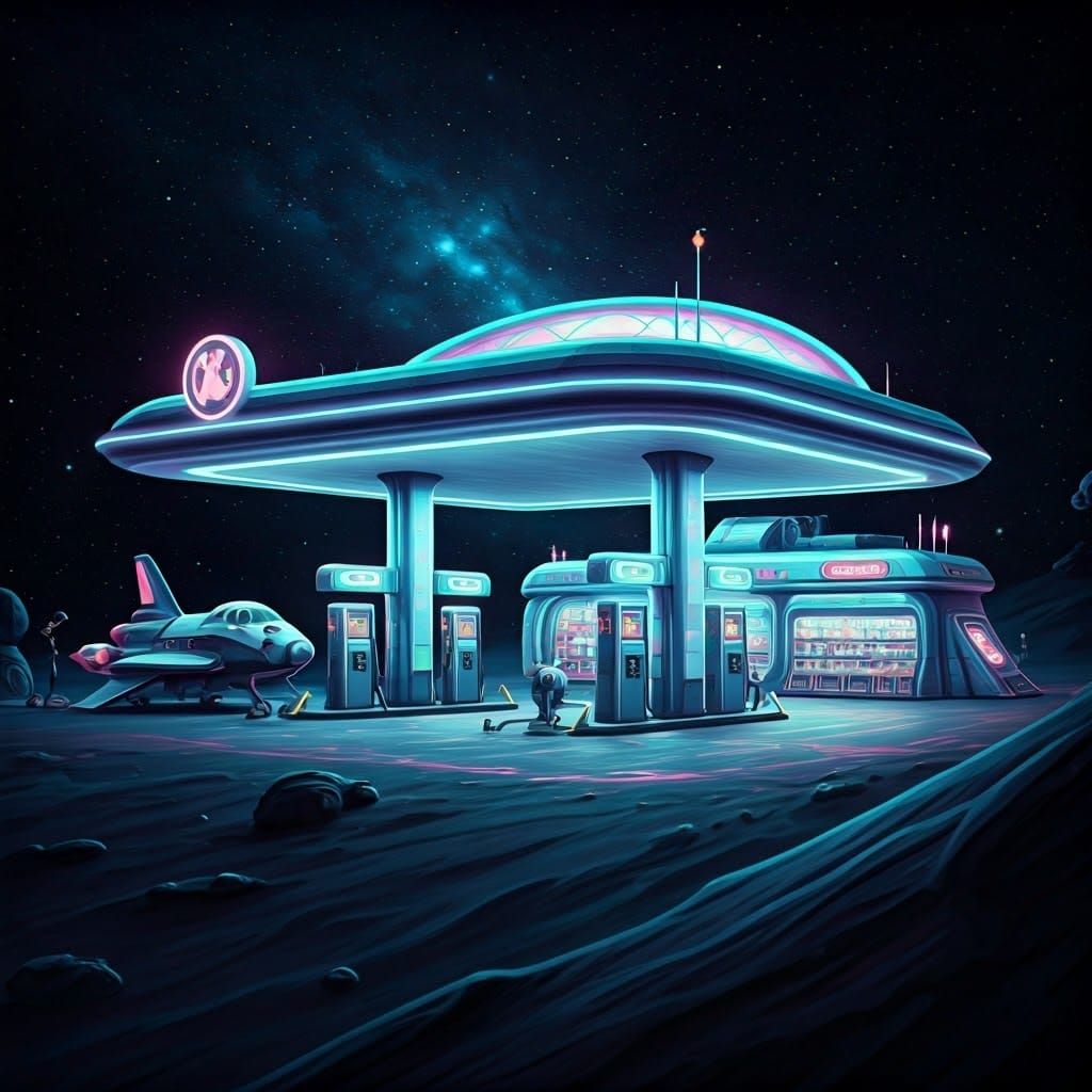 Luminescent Alien Gas Station in Starry Space