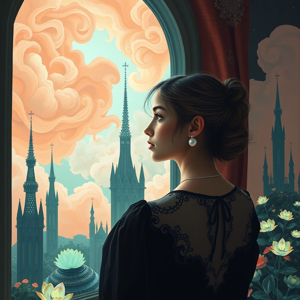 Young Woman Gazing Out of Fantastical Window in Whimsical La...