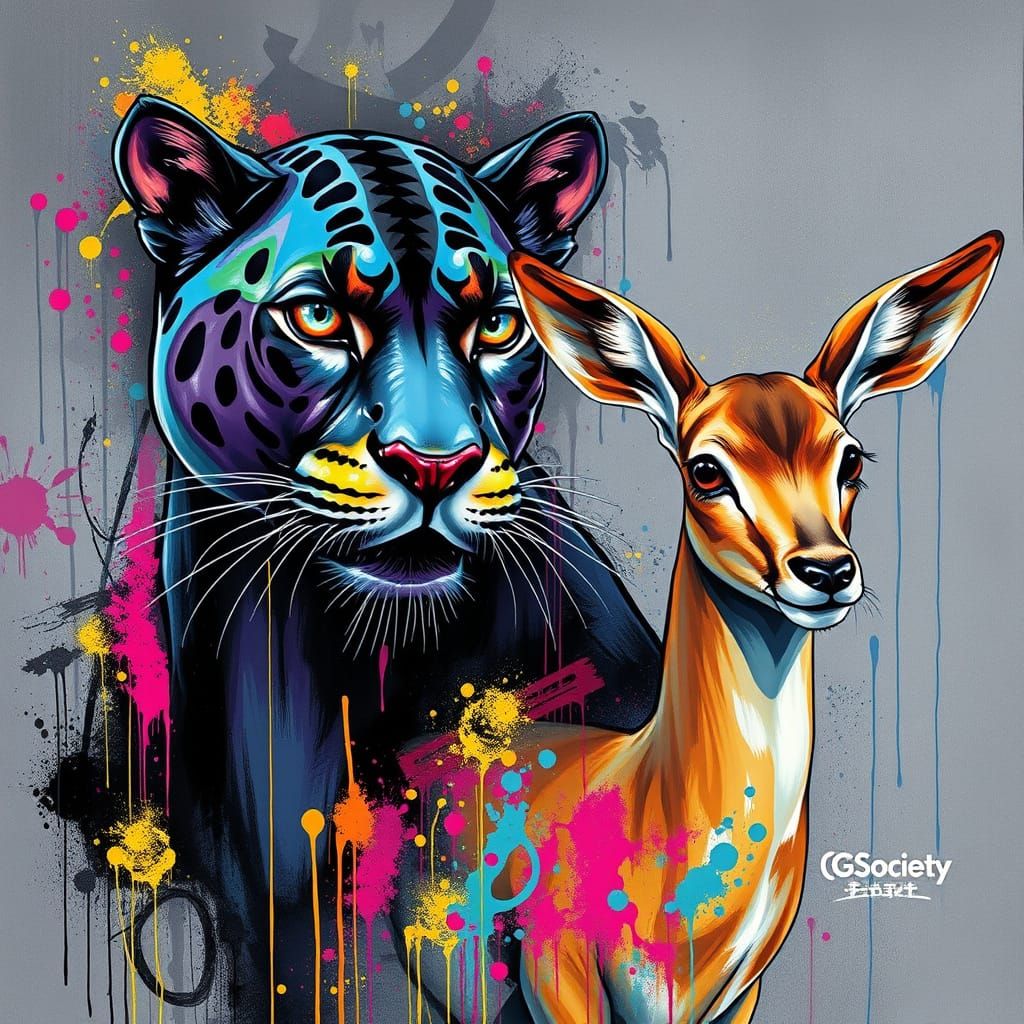 Panther and Doe Graffiti Art in Vibrant Polychromatic Style